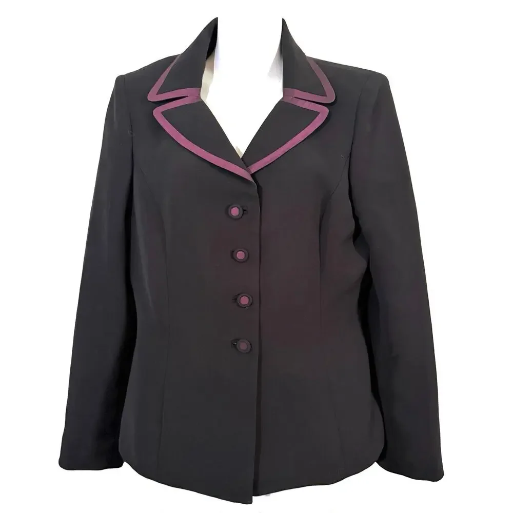 Kasper Black Plum Trim Career Skirt & Suit Jacket Blazer Lined 2 Piece Set sz 8